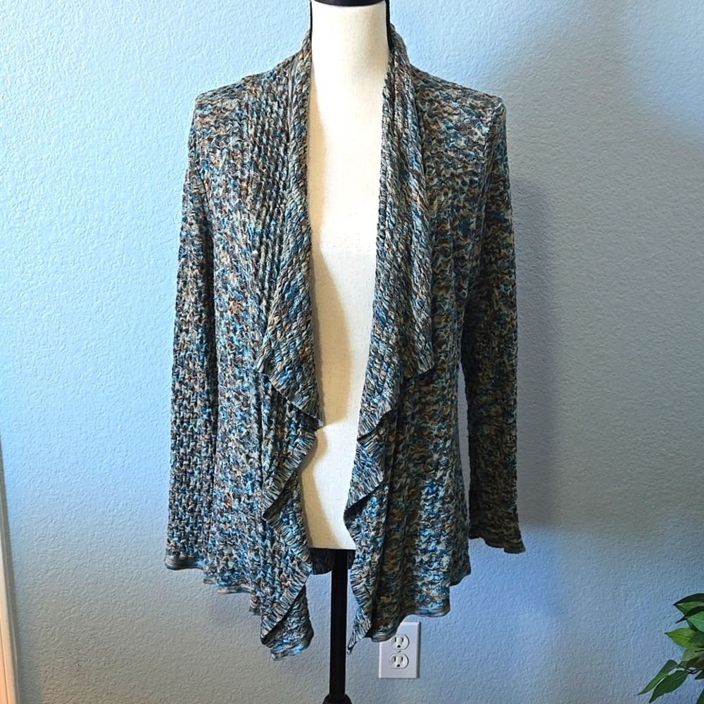 ZOZO Open Front Waterfall Cardigan Waffle Texture Blue Brown Sz Large